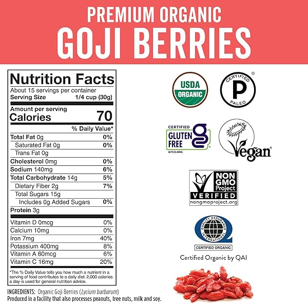 VIVA NATURALS ORGANIC DRIED GOJI BERRIES, 1 LB (454 G) – NON-GMO, VEGAN WOLFBERRIES, PERFECT FOR GOJI BERRY TEA, SMOOTHIES, BAKING & SNACKING