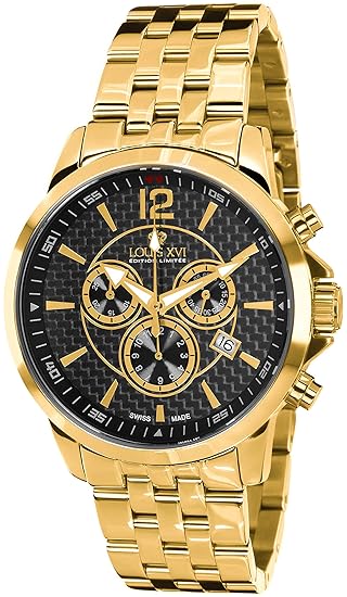 LOUIS XVI Herren-Armbanduhr Athos Stahlband Gold Schwarz Karbon Chronograph Analog Quarz Edelstahl 800