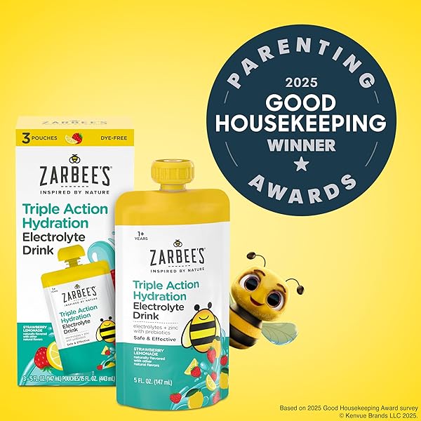 ZARBEE’S TRIPLE ACTION HYDRATION ELECTROLYTE DRINK FOR KIDS WITH ZINC & PREBIOTICS, REPLENISHES LOST ELECTROLYTES AND HELPS PREVENT DEHYDRATION*, DYE-FREE, STRAWBERRY LEMONADE FLAVOR, 3 X 5 FL. OZ