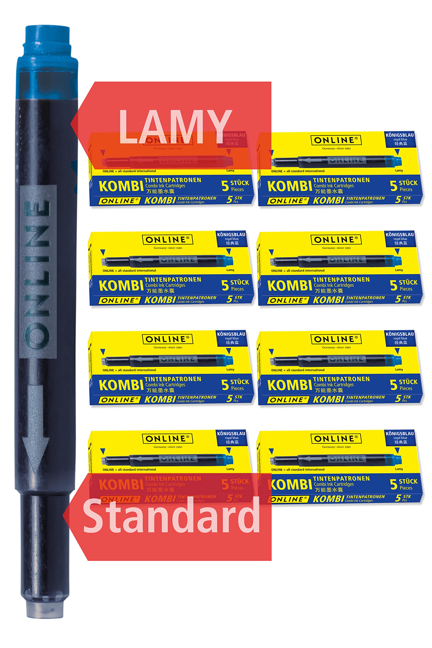 ONLINE 40x Double-Sided Pen Ink cartridges, Universal Pen Refills, Compatible with All Common Fountain pens, Even Lamy pens - Spare cartridges - 8-Pack - Erasable, Washable, Colour RoyalBlue
