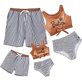 IFFEI Mommy and Me Family Matching Swimsuits Two Piece Bikini Set Swimwear | Classic Striped Beach Style, Bikini with High Waist Bottom, Drawstring Swim Shorts for Men & Boys, Soft Fabric for Summer Fun