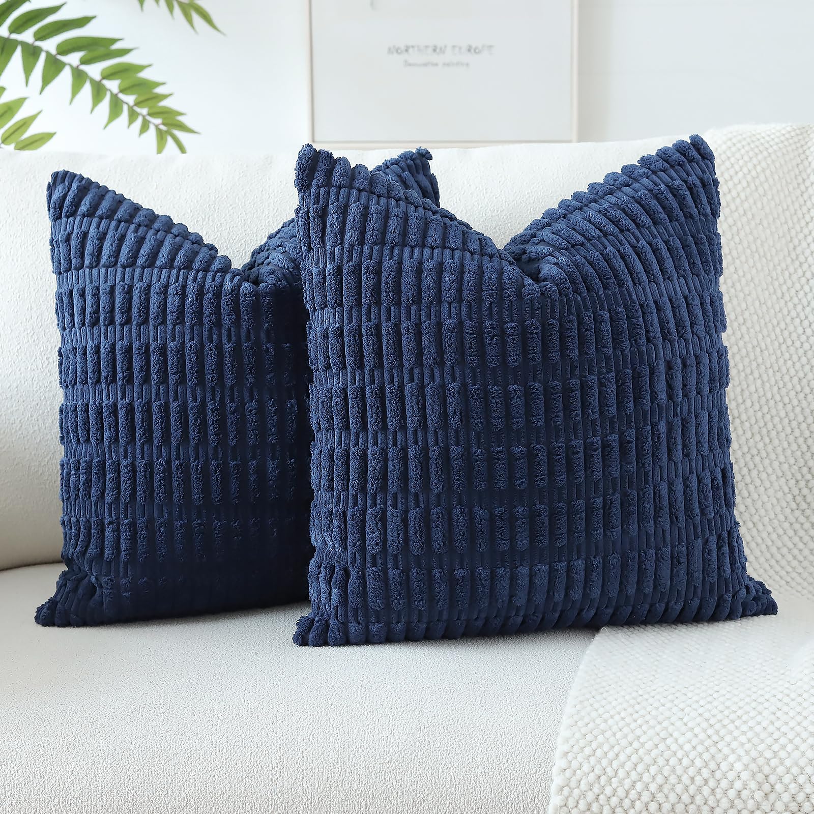 JOTOM Corduroy Soft Striped Decorative Throw Pillow Covers 24x24 Inch Square Cushion Covers 60x60 cm Boho Home Decor Pillowcases Cushion Case for Sofa Couch Living Room Bed Set of 2 (Navy Blue) — image 1