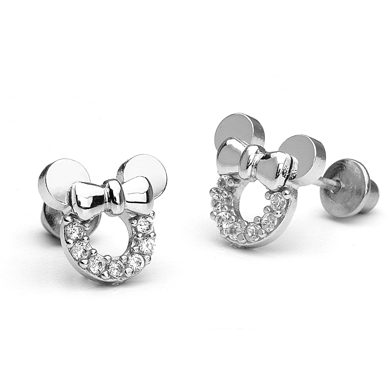 Sterling Silver Rhodium Plated Mouse Screwback Girls Earrings