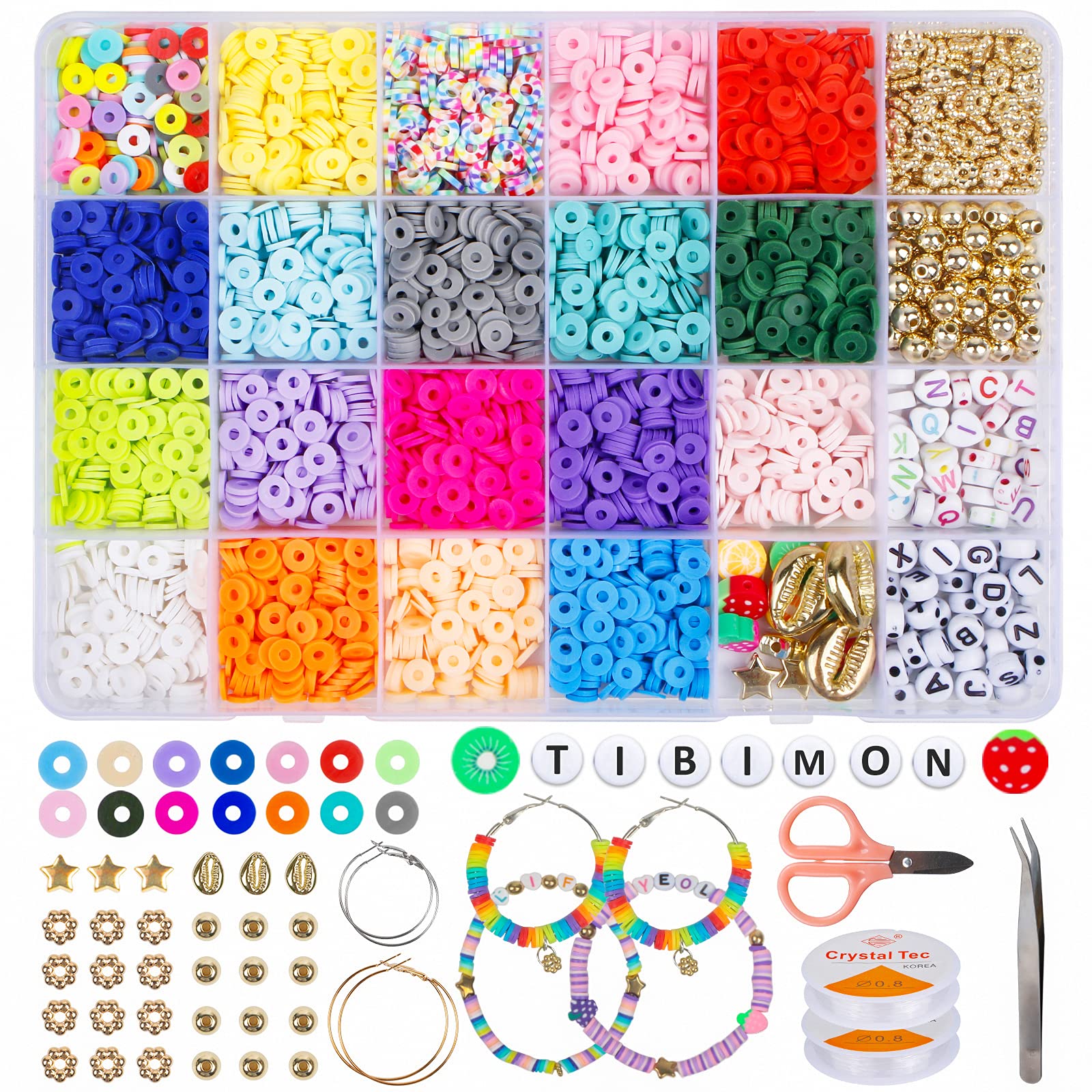 Tibimon Bracelet Making Kit - 6mm Clay Beads, Elastic String, Spacer & Letter Beads for DIY Jewelry