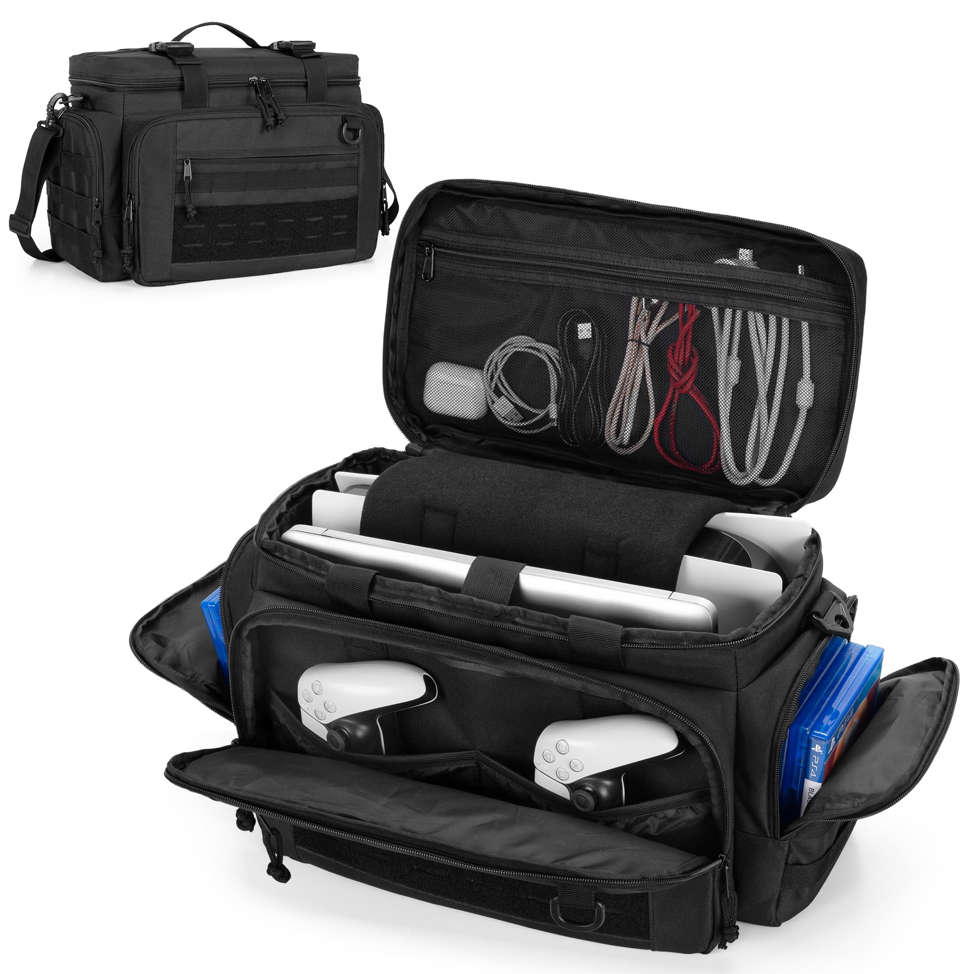 PGmoon Tactical Carrying Case Compatible with PS5 Console, Travel Console Carry Bag with Various Pockets for 15.6’’ Laptop, Controllers, Discs and More(Patent Design)