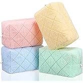 LEIFIDE 4 Pcs Quilted Makeup Bag Pouch Cute Plush Fuzzy Checkered Cosmetic Bag Cotton Terry Cloth Toiletry Pouch with Zipper Portable Travel Organizer Preppy Brush Storage for Christmas Women Gift