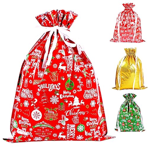 43 * 58cm Christmas Drawstring Gift Wrapping Bags, 4 Pcs Large Christmas Size Goody Bags Reusable Foil Drawstring Gift Bags for Festive Xmas Party Decoration