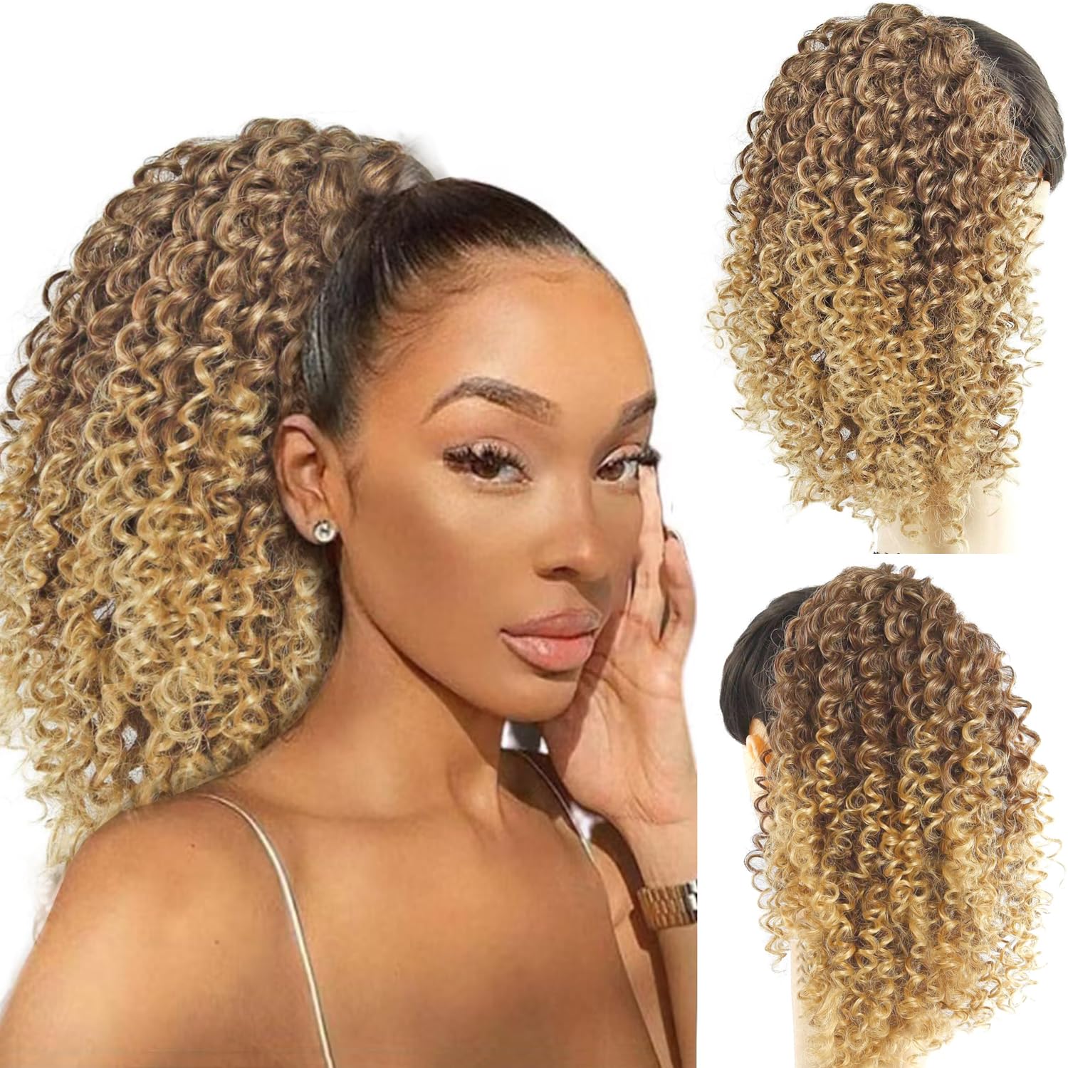 Afro Kinky Curly Ponytail for Women Drawstring Ponytail Synthetic Hair Extension Afro Drawstring Curly Pony tail with Clip in Hairpiece (T27/613#, 12 inches) โ image 1