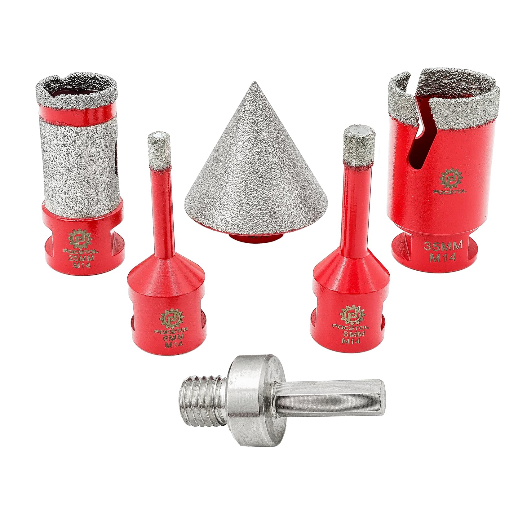 FOCSTOL Diamond Drill Bit Set - Tile Hole Cutter Set 6pcs (6/8/35mm+50mm Beveling Chamfer Bit+25mm Drilling Milling Bit+Hex), Diamond Hole Saw Set for Porcelain Ceramic Tile Marble Granite
