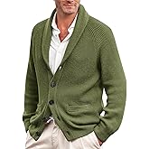 Karlywindow Mens Shawl Collar Cardigan Sweater Cable Knit Button Down Winter Chunky Sweater with Pockets