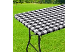 Smiry Rectangle Picnic Table Cloth, Elastic Waterproof Fitted Vinyl Tablecloths, Flannel Backed Buffalo Plaid Table Covers for Dining, Camping, Outdoor (Black and White, 30" x 72")
