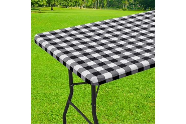 smiry Rectangle Picnic Table Cloth, Elastic Waterproof Fitted Vinyl Tablecloths, Flannel Backed Buffalo Plaid Table Covers fo