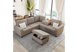 UBGO Ottoman⋓ Living Room Furniture Sets,Sectional Corner Sofa L-Shape Couch Saving with Storage Ottoman & Cup Holders Design for Large Space Dorm Apartment, Brown F