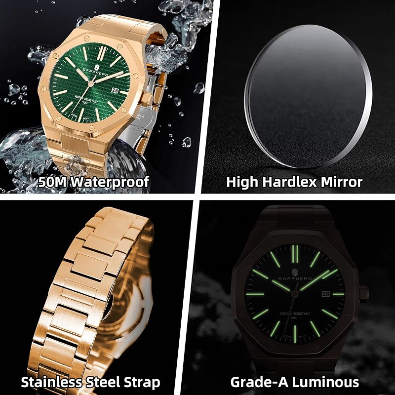 Montre Homme Quartz Argent Acier Inoxydable Bracelet 50M Etanche Date Calendrier Noir Bleu Montre Cadeaux pour Hommes,Vert-Or — photo 7 sur 8