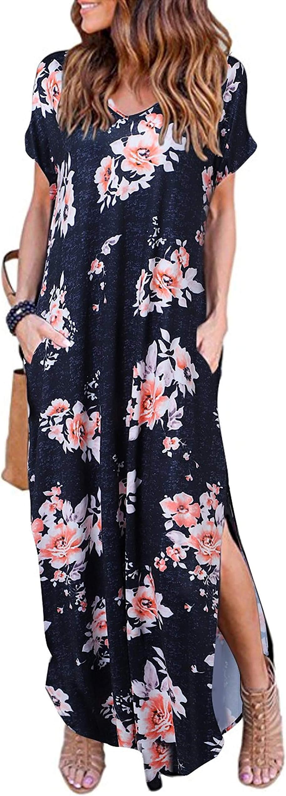 HUSKARYWomen's Summer Maxi Dress Casual Loose Pockets Long Dress Short Sleeve Split