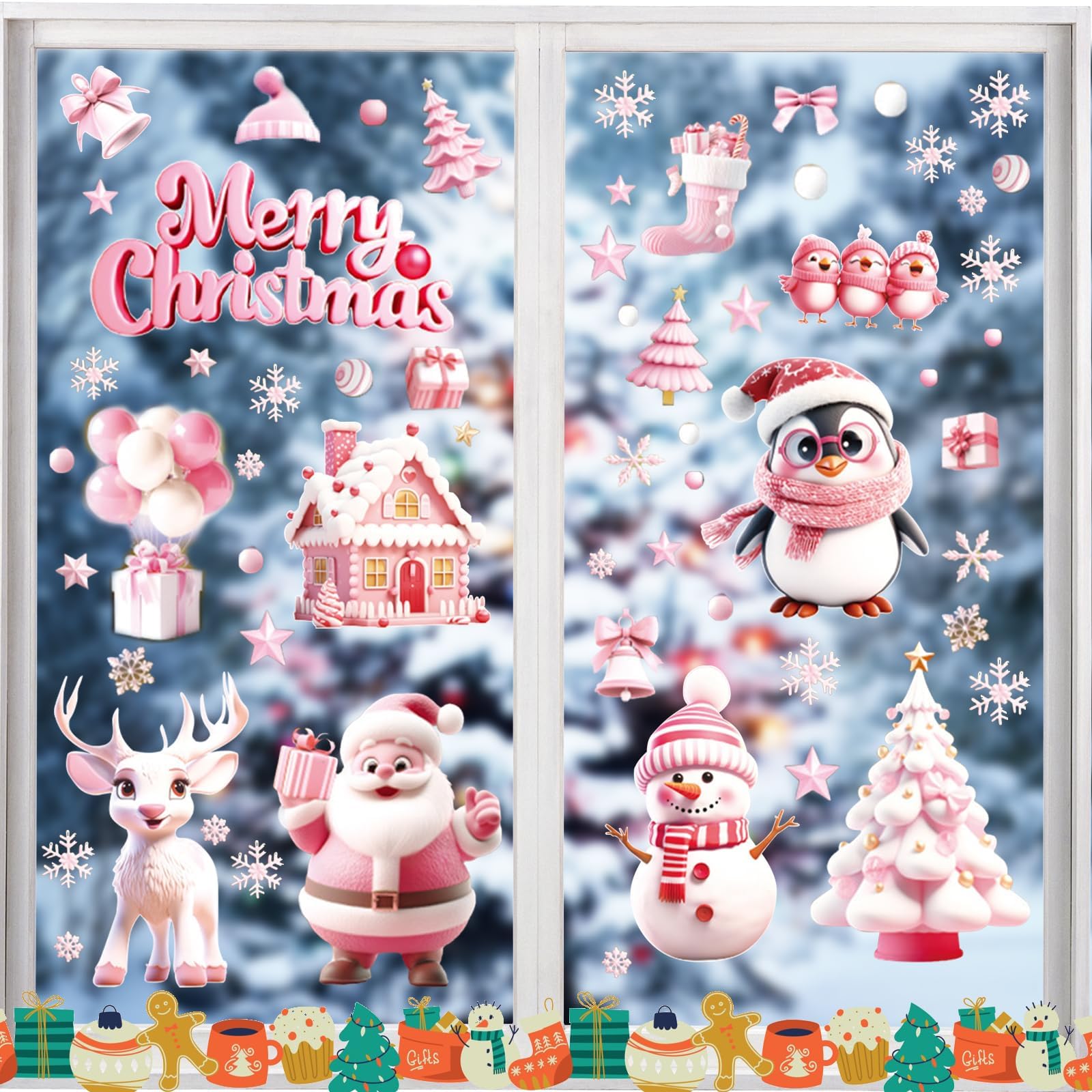 9Pcs Pink Christmas Windows Decals, Christmas Window Stickers Reusable 3D Static Cling Xmas Window Stickers Christmas Window Decorations Christmas Stickers Christmas Decorations for Windows