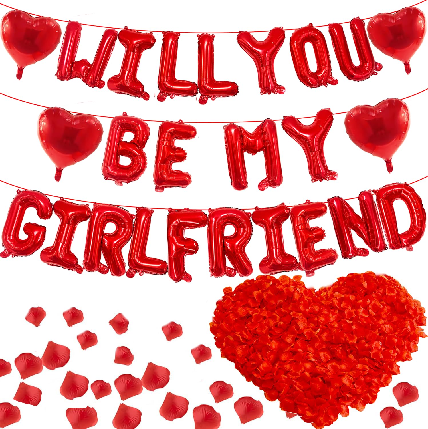 Photo 1 of 16 Inches Red 'WILL YOU BE MY GIRLFRIEND' Proposal Letter Balloons with Heart-Shaped Foil Balloons and Rose Petals for Romantic Special Night Decorations, Engagements, Proposals, and Valentine's Day
