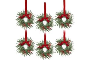 GRANDEAL 6 Pack 10 Inch Mini Christmas Wreath for Cabinets Kitchen Windows, Small Christmas Wreath with Cypress Branches Red Berried Red Bow Artificial Xmas Small Wreaths for Front Door Wall Stairs Home Decor