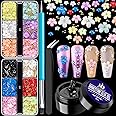 3D Flowers for Nails Art Colorful Charms Set #5 with Caviar Beads, Blossom Rhinestones Crystal Kit Pearls Acrylic Studs DIY Design Manicure Accessories for Women Girls Decoration