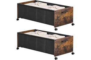 FOUCSSOMEI Under Bed Storage with Wheels, Wooden Under Bed Drawers On Wheels, Rolling Under Bed Shoe Storage, Space Saving, Rustic Brown,Quadruple Size,90L