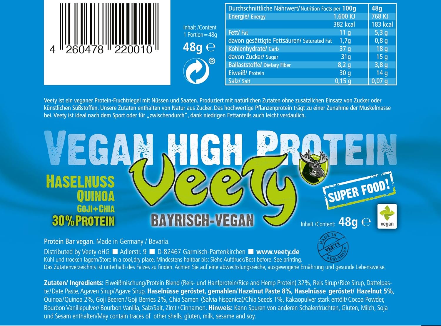 veety - Vegan High proteína Bar 30% avellana - veganas ...