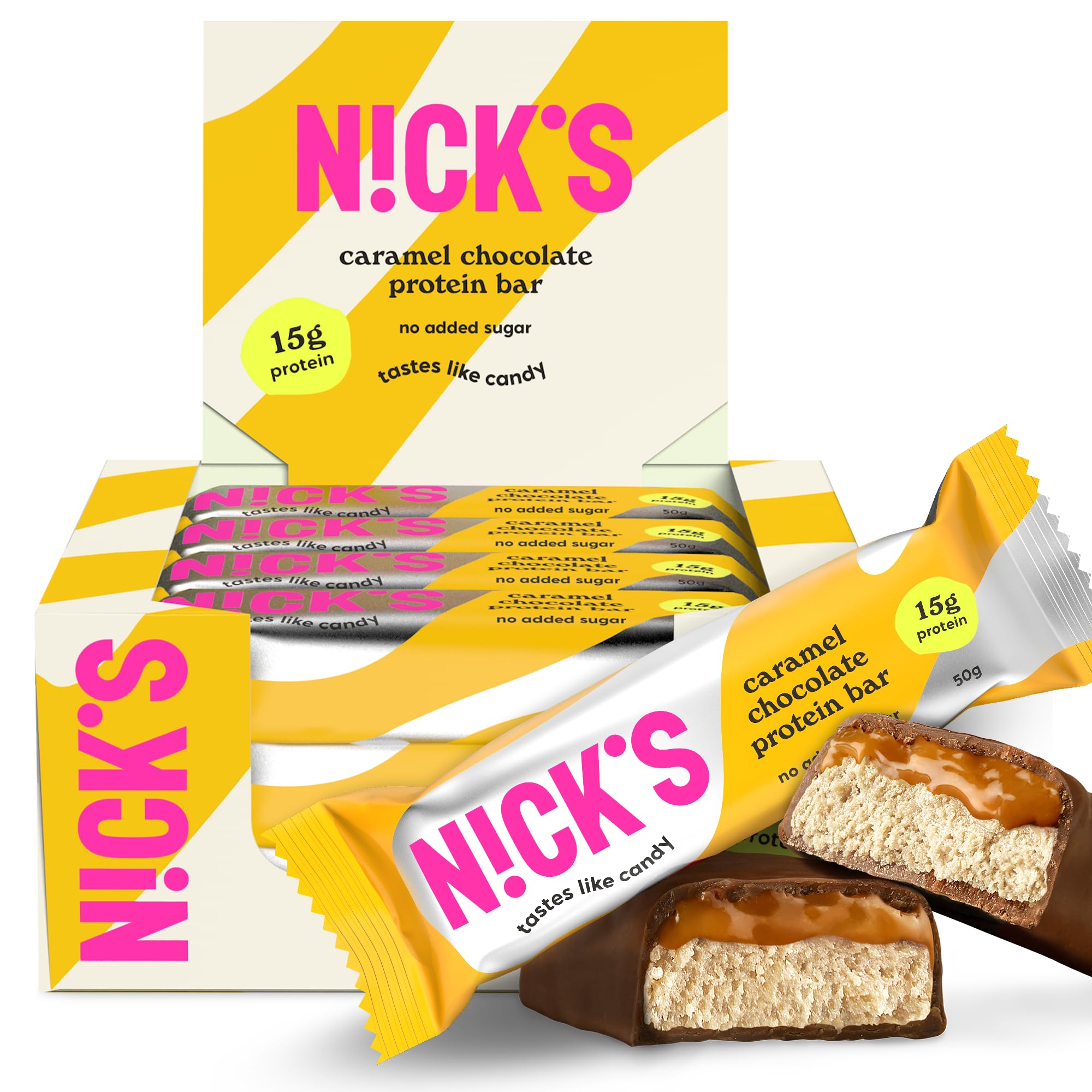 NICKS Keto Protein Bar Caramel Chocolate, 15 g Protein, 190 Calories, Low Carb Snacks No Added Sugar Gluten Free (12 x 50 g)