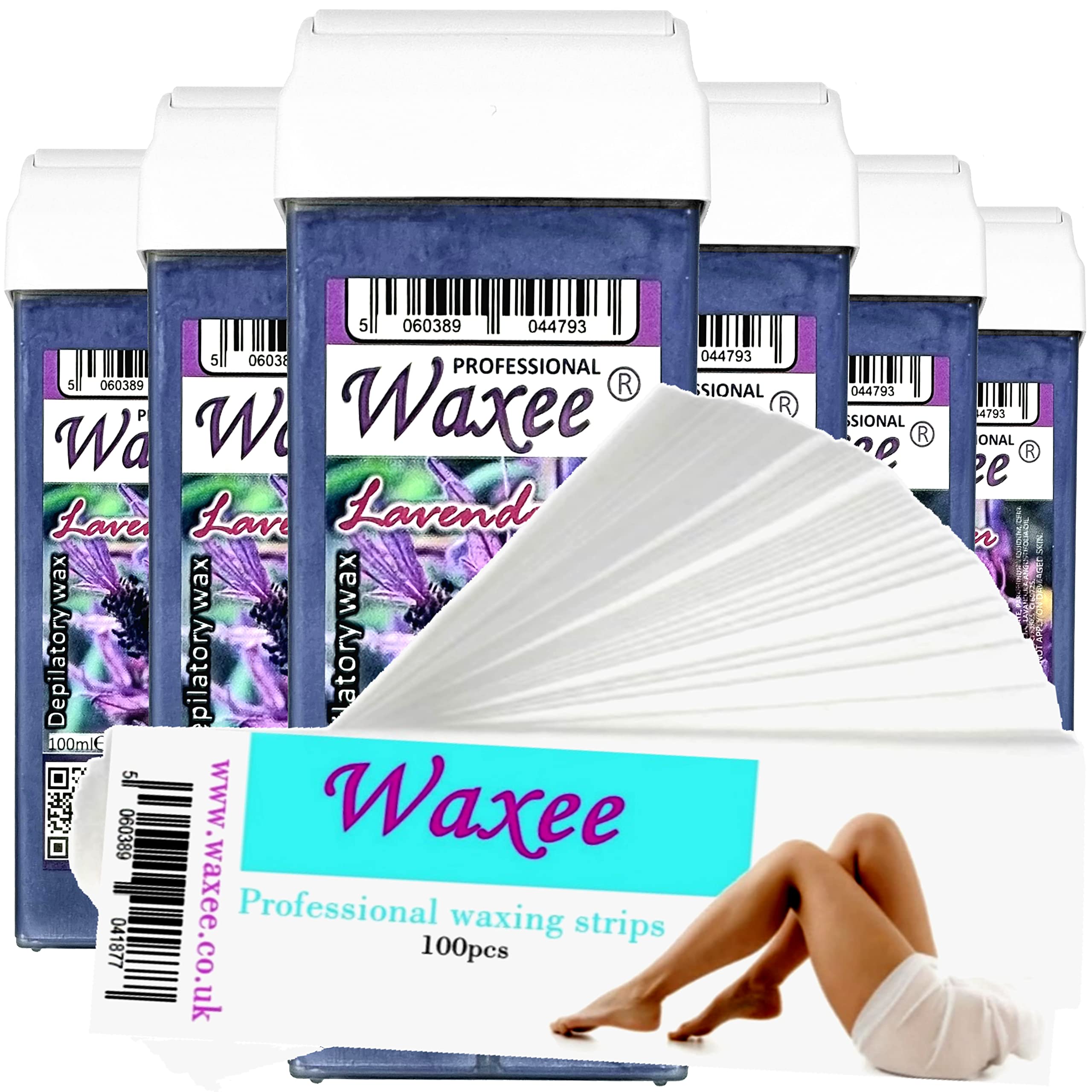 6 x 100ml Roll-on wax roller wax cartridge refill+ 100 waxing strips from UK brand Waxee (Lavender)