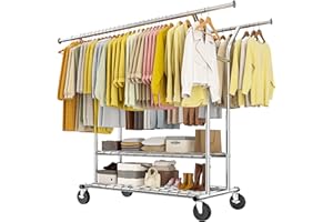 Raybee 74" W Heavy Duty Clothes Rack, Double Rods Clothing Rack Load 630 LBS, Rolling Clothes Racks for Hanging Clothes 400+, Garment Rack for Bedroom, Laundry Room, Retail Store