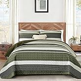 Quilt Set Queen Size Sage Green Striped Bedding Set 3 Piece Lightweight Bedspreads Coverlets Set Soft Microfiber Summer Striped Quilts With 2 Pillowcases All Season Patchwork Comforter Set 96"×90"
