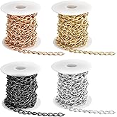 Milkary 4 Rolls 39.37 Feet in Total Aluminium Curb Chains, Twisted Links Curb Chain with Spool, Oval Cross Jewelry Chains for Jewelry Making DIY Bracelet Necklace (Gold, Silver, Rose, Black)