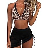 RXRXCOCO Mesh Halter High Waisted Bikini Sets for Women Tummy Control Swimsuits Two Piece Bathing Suits with Skirt