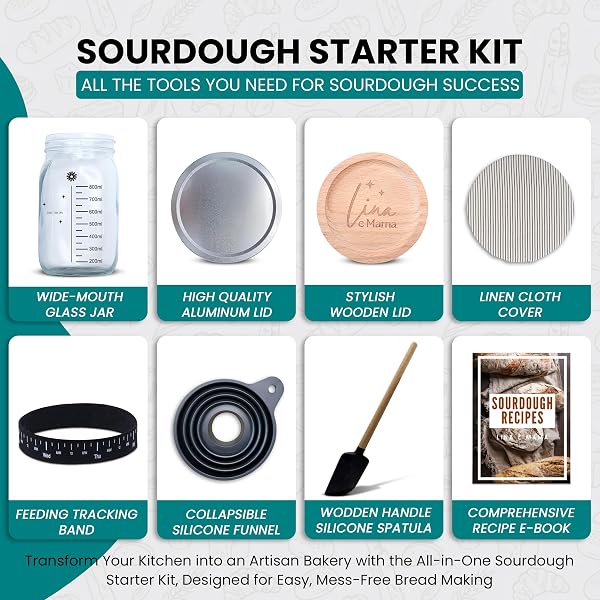 LINA E MAMA 34 OZ SOURDOUGH STARTER JAR | SOURDOUGH STARTER KIT | WIDE MOUTH SOUR DOUGH KIT WITH A WOODEN & ALUMINUM LID, SPATULA, AND FUNNEL | SOUR DOUGH JAR FOR BEGINNERS AND PROS