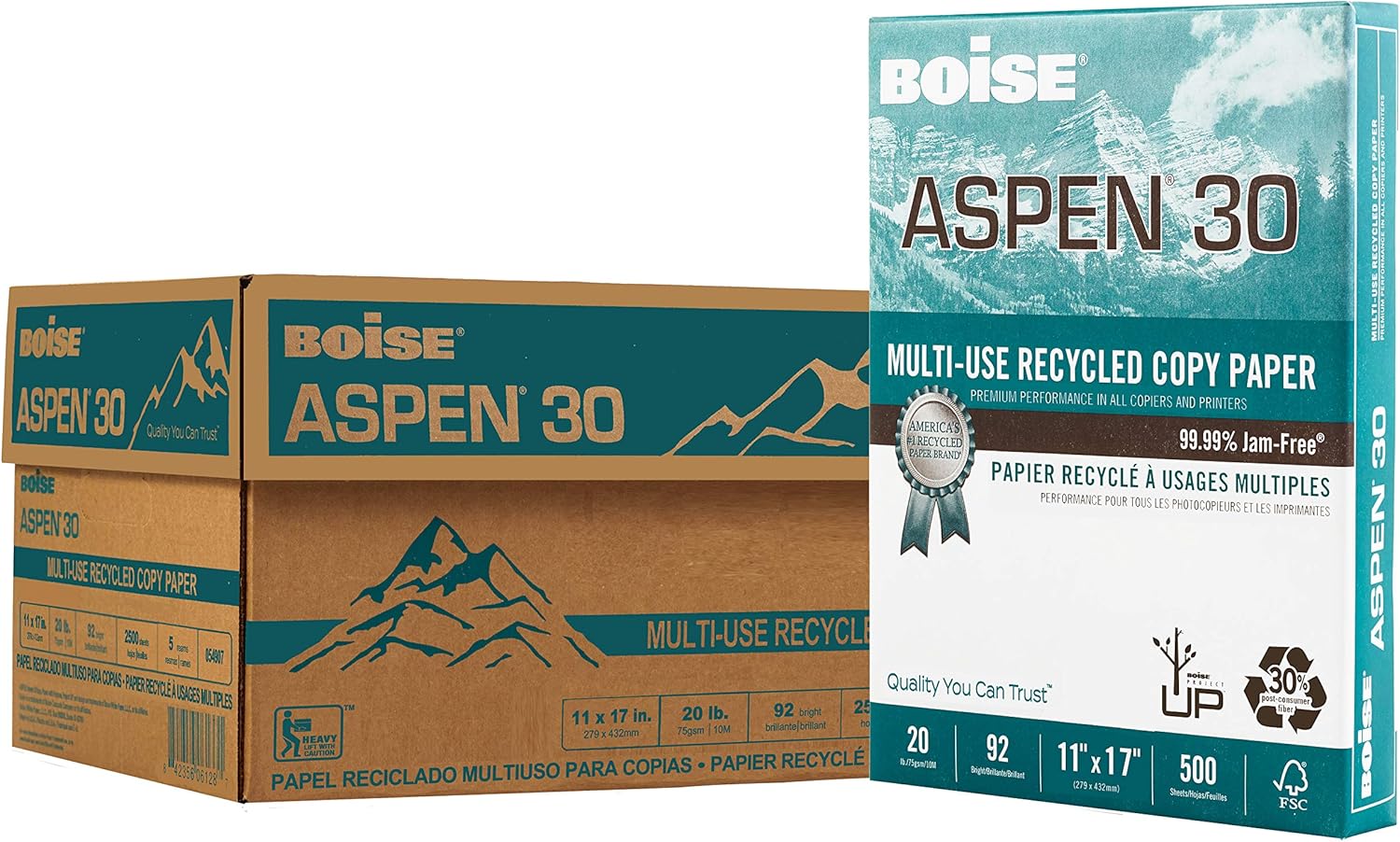 BOISE ASPEN 30% Recycled Multi-Use Copy Paper, 11" x 17", Ledger, 92 Bright, 20 lb, Ledger, 5 Ream Carton (2500 Sheets) : Multipurpose Paper : Office Products