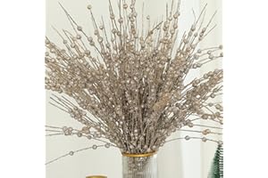 FLORRALIA Christmas Artificial Glitter Holly Berry Stem,12Pcs Fake Christmas Champagne Gold Berries Branches Twigs 16.5in Holly Berries Stem Picks for Christmas Tree Floral Arrangements Vase Home Decor