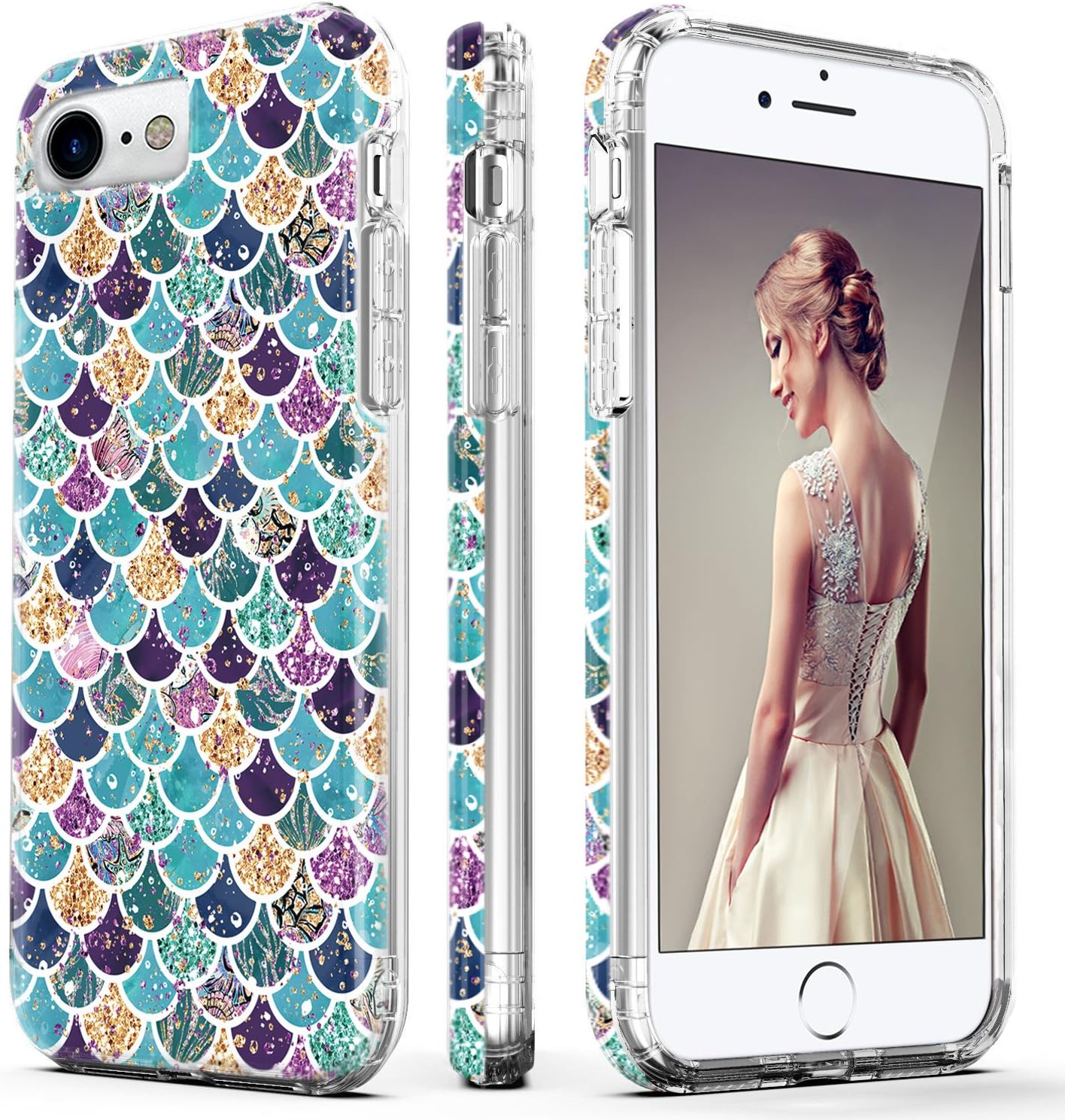 DOUJIAZ iPhone 7 Case,iPhone 8 Case,Flashing Mermaid Scale Pattern Hybrid Hard Back Soft TPU Raised Edge Ultra-Thin Shock Absorption Protective Case for iPhone 7/8