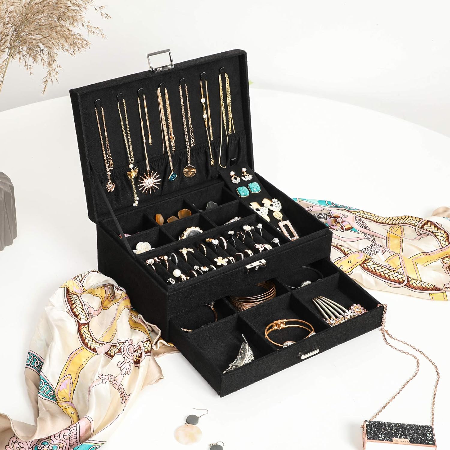 SONGMICS 2-Tier Jewelry Case with Drawer, Key, Necklace Hooks, Ring Rolls, Stud Panel, Storage Slots, Black: Furniture & Decor