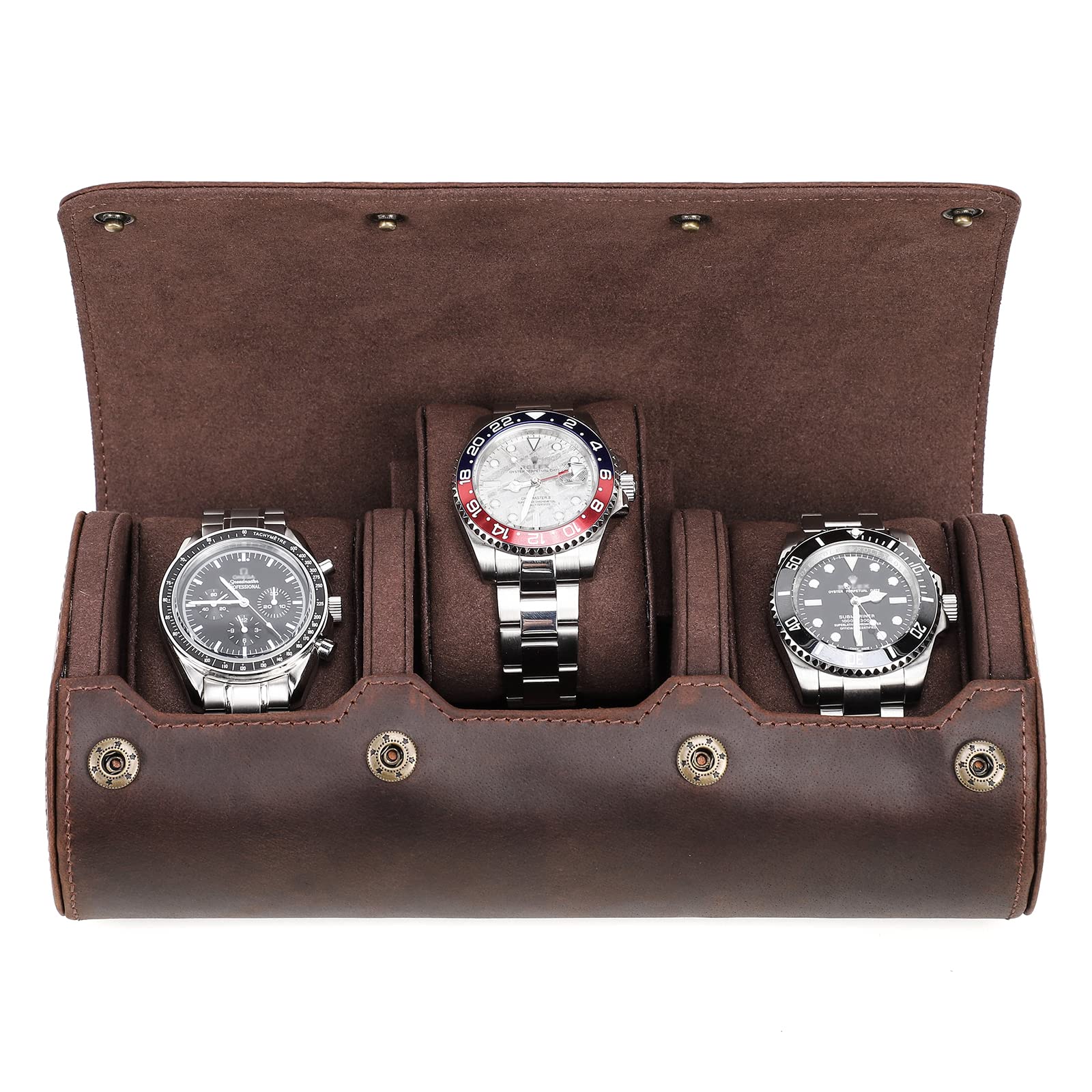CONTACTS Leather Watch Case Roll Travel,Watches Organizer Box for 3 Watch Protective Portable Sleeve Watch Display Vintage (Coffee-CF1135)