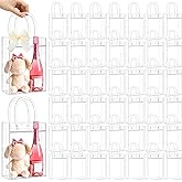 Oqqlin 50 Pcs Clear Plastic Gift Bags with Handles, 9.1 x 6.7 x 2.8 Inch PVC Party Favor Bags with DIY Ribbon Reusable Goodie Tote Bag for Weddings, Birthdays, Baby Showers, Christmas, Shopping