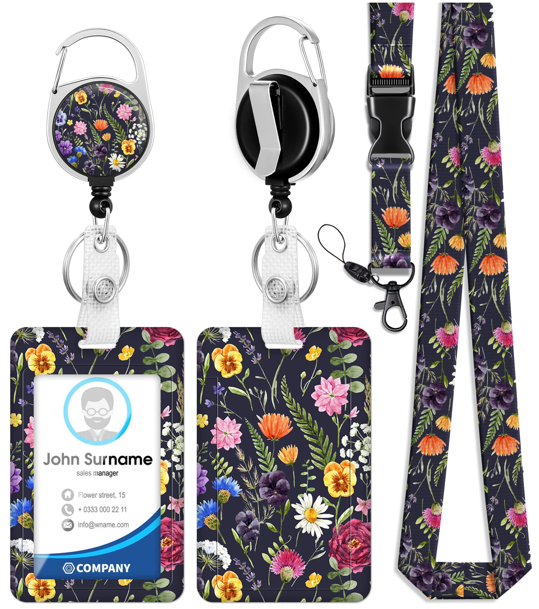 OffiEase Retractable Lanyard with ID Card Badge Holder - Heavy Duty Lanyards for Neck Strap Key with Safety Breakaway Extender Extendable Reel Keychain Keyring Kids Men Women (Retro Flower)
