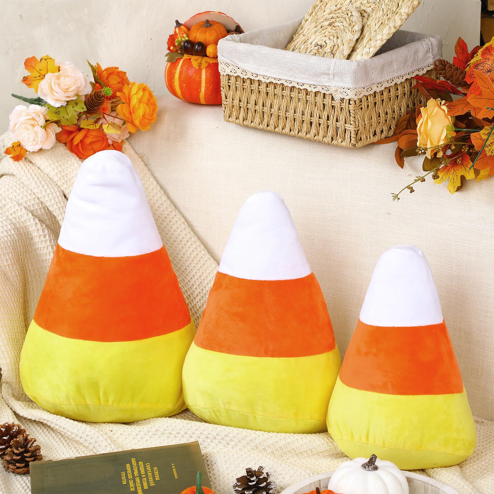 Photo 1 of Huwena 3 Pcs Happy Halloween Pillow Lovely Candy Corn Shaped Throw Pillow Teddy Fleece Candy Corn Decorative Pillow Cute Pillow for Couch Sofa Bed Decoration