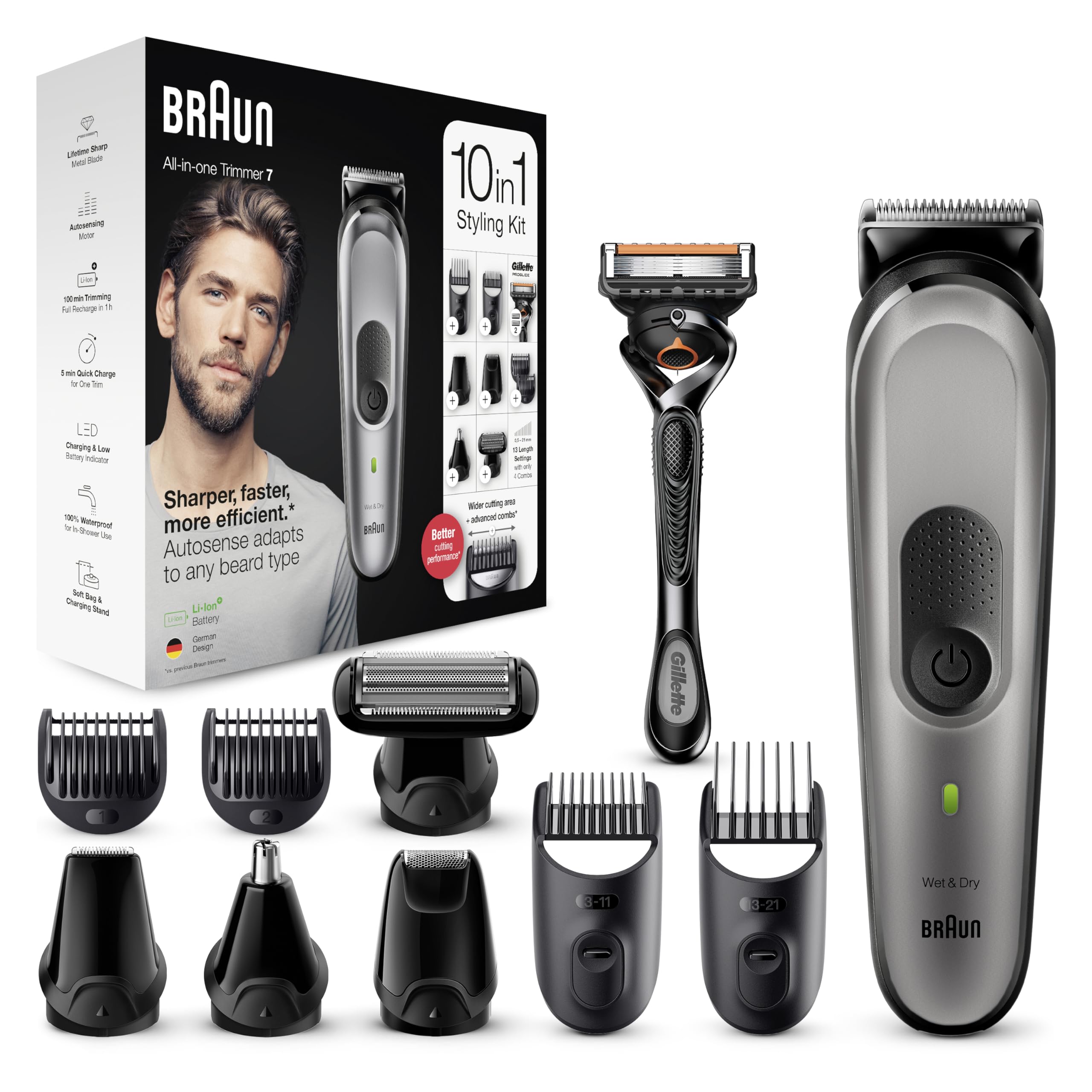 Braun 10-in-1 All-in-One Trimmer Series 7, Male Grooming Kit with Beard Trimmer, Hair Clippers, Nose Trimmer, Gillette Razor, Foil Shaver & Body Groomer, Gifts for Men, UK 2 Pin Plug, MGK7221