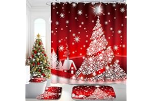 Poedist Christmas Bathroom Set Decor,Shower Curtain Sets with Rugs(Bath Mat,U Shape & Toilet Lid Cover Mat),with 12 Hooks,Shiny Christmas Tree