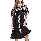 YZXDORWJ Mexican Dress for Women Embroidered Off-Shoulder Lace Dress Fiesta Mexico Boho Floral Dress