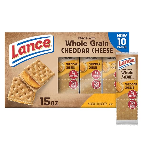 LANCE SANDWICH CRACKERS, MADE WITH WHOLE GRAIN CRACKERS, CHEDDAR CHEESE, 10 PACKS, 6 SANDWICHES EACH