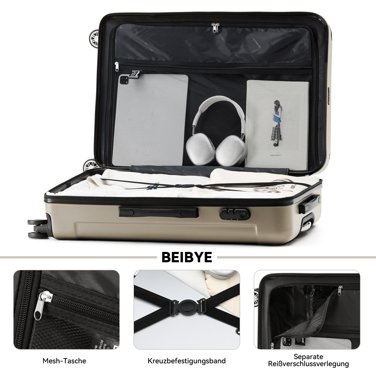 BEIBYE Zwillingsrollen Hardcase Reisekoffer Koffer Trolleys Hartschale in XL-L-M in 14 Farben (Champagner, Handgepäck (55cm)) 5