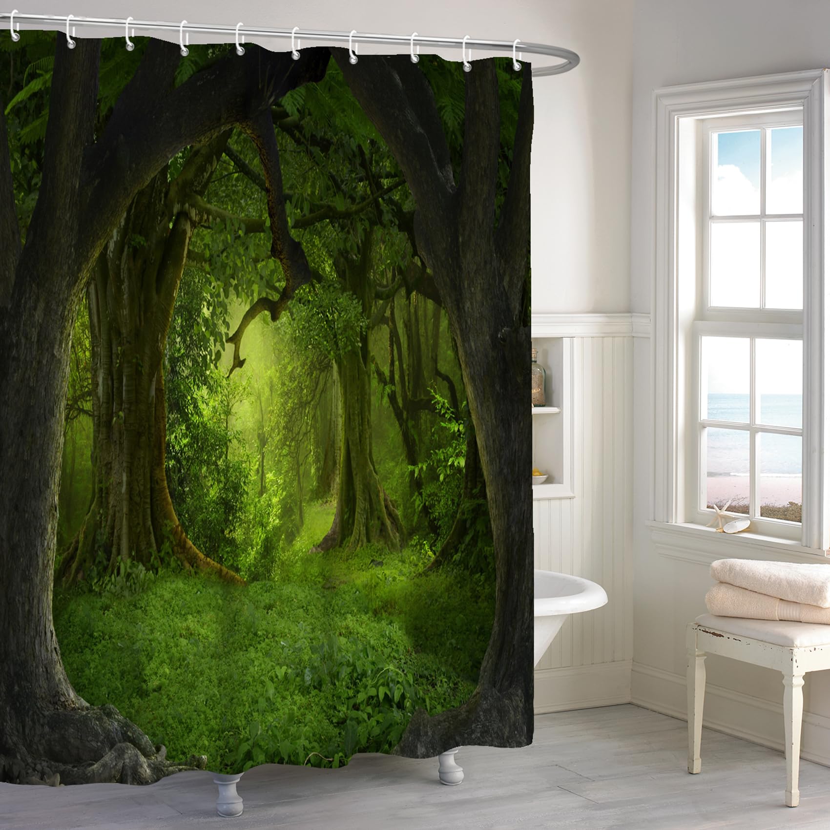 Photo 1 of Renaiss 72x72 Inches Green Enchanted Forest Shower Curtain Tropical Old Tree Deep Jungle Rainforest Fantasy Nature Landscape Aesthetic Shower Curtains for Bathroom Decor Waterproof with Hooks