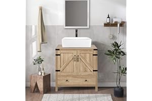 SOLIDEE 28" Natural Color Bathroom Vanity, Rustic Fixture Standing Pedestal Cabinet with White Ceramic Sink
