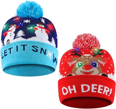 SHOKAN 2 Pack LED Christmas Hat Light-Up Knitted Cap Kids Adults Holiday Party