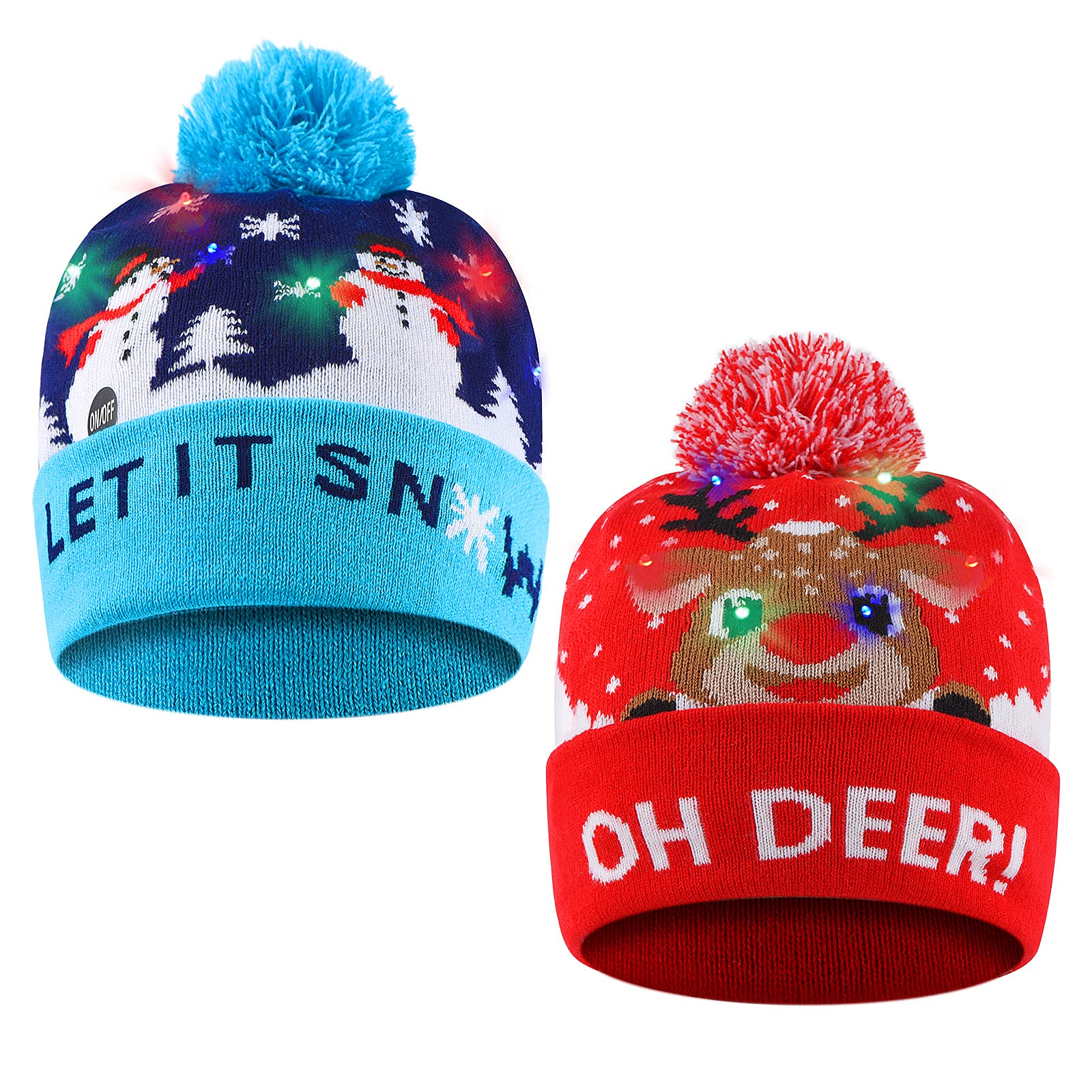 SHOKAN Christmas Hat, 2 Pack LED Christmas Cap Light-Up Knitted Hat Colorful Glowing Christmas Hat for Holiday Party Favors with Kids & Adults, 24×20cm — image 1