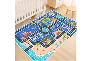 LIAZY ESUOH Kids Carpet Playmat Car Rug, Car Rug for Kids Toy Cars and Train, Non Slip Play Mat for Playroom Kids Room, City Life Educational Road Traffic Carpet for Classroom Nursery(Dark Blue,31×47in)